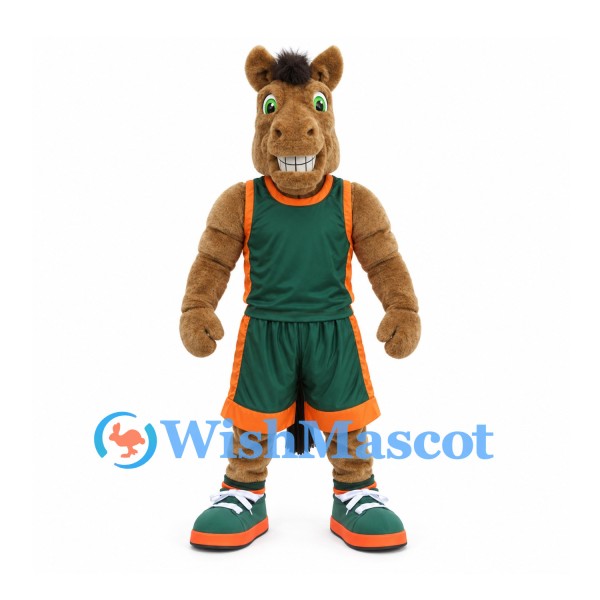 Horse Mascot Costume in Brown with Green and Orange Basketball Uniform