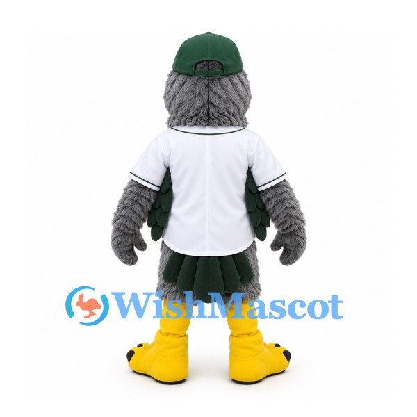 Eagle Mascot Costume in Gray with Green Cap and White Baseball Shirt