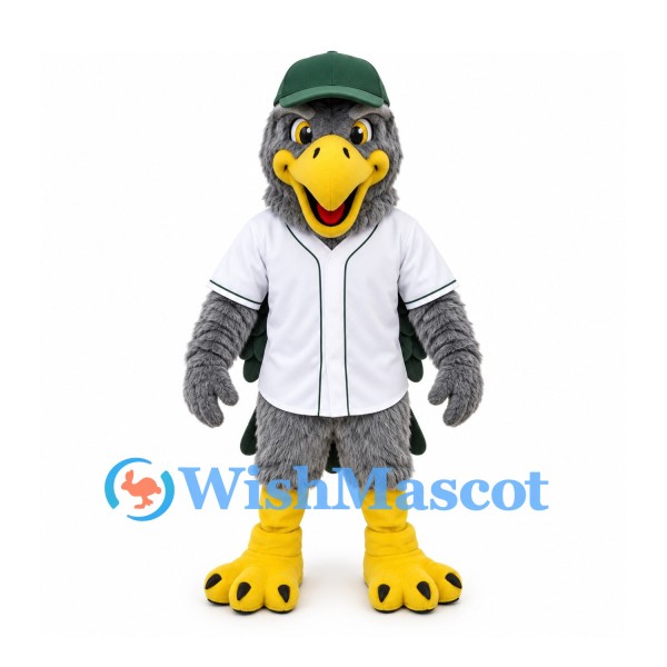 Eagle Mascot Costume in Gray with Green Cap and White Baseball Shirt