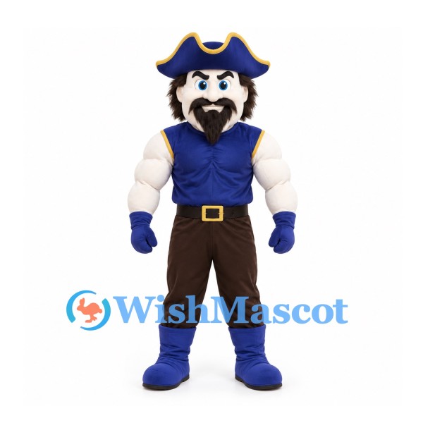 Pirate Mascot Costume with Blue Tricorn Hat and Muscular Arms
