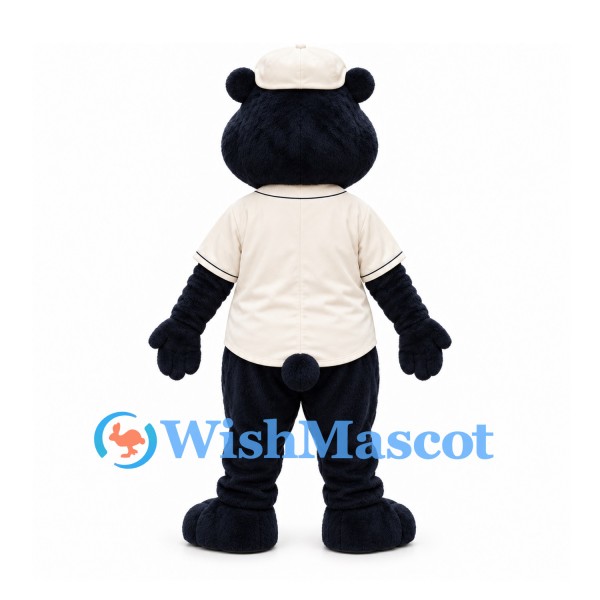 Black Bear Mascot Costume with Cream Cap and Baseball Shirt