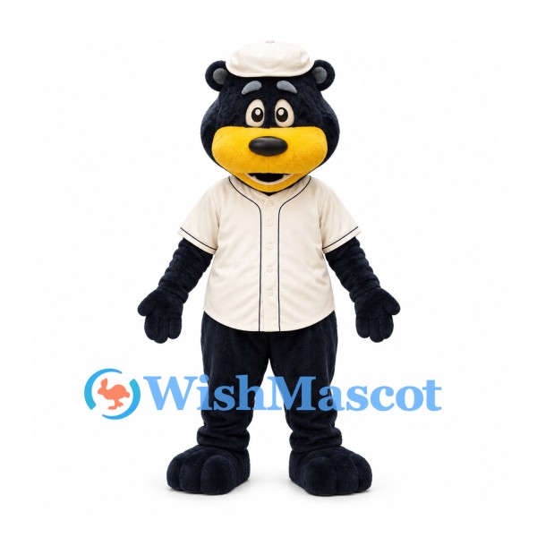 Black Bear Mascot Costume with Cream Cap and Baseball Shirt