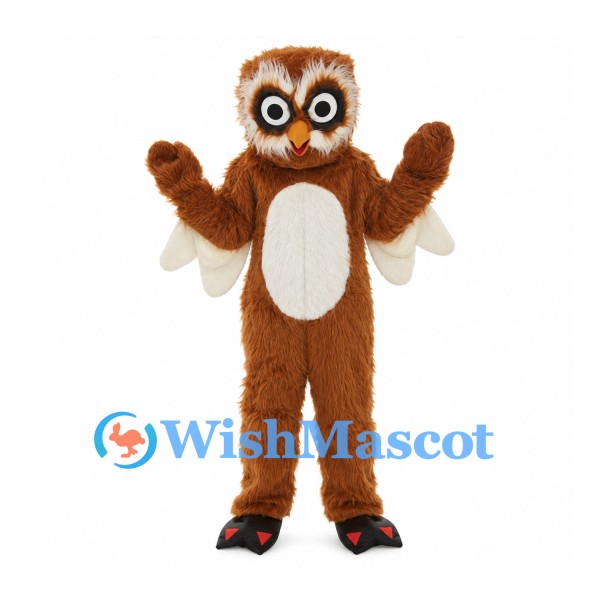 Owl Mascot Costume in Brown with White Belly and Cream Wing Feathers