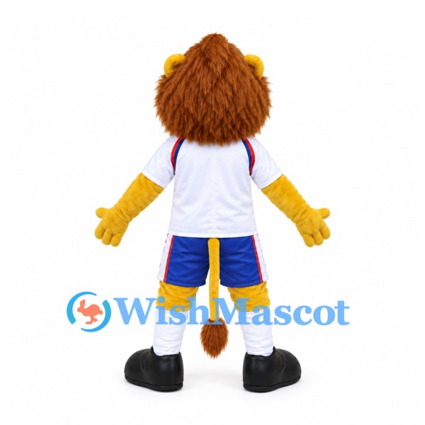 Lion Mascot Costume with White Shirt and Navy Soccer Shorts