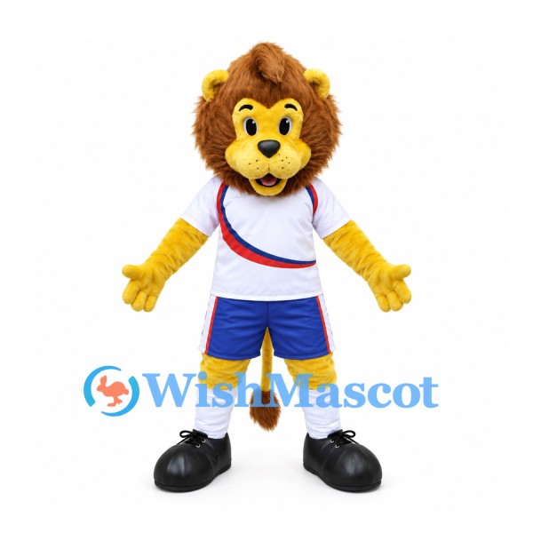 Lion Mascot Costume with White Shirt and Navy Soccer Shorts
