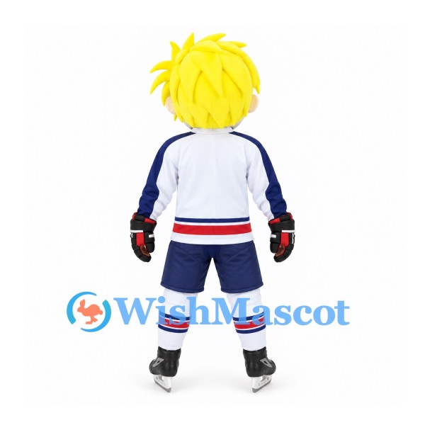 Hockey Player Mascot Costume with Yellow Hair and White Sports Uniform