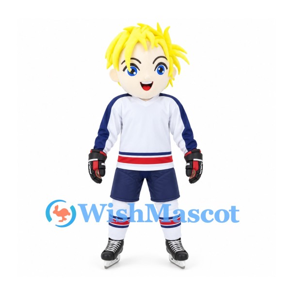 Hockey Player Mascot Costume with Yellow Hair and White Sports Uniform
