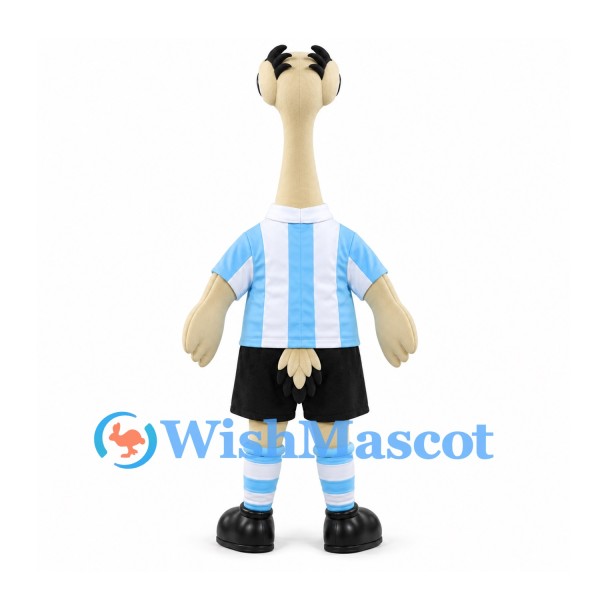 Ostrich Mascot Costume with Blue Striped Soccer Shirt and Black Shorts