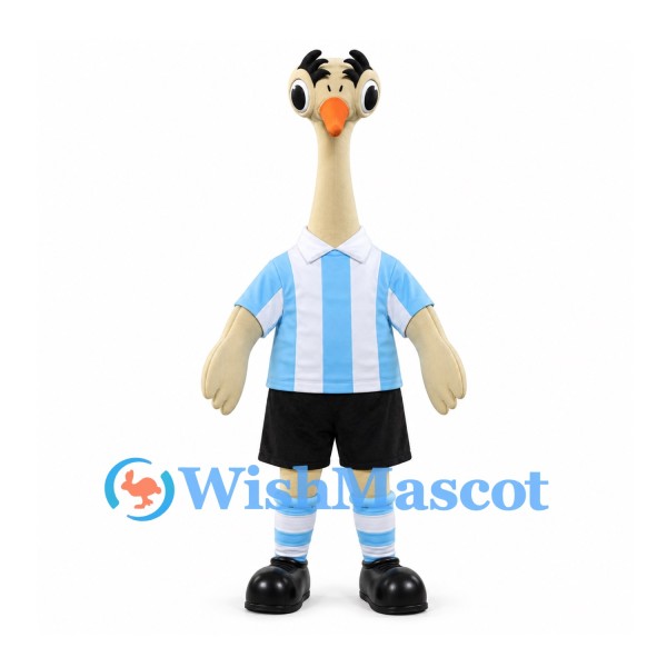 Ostrich Mascot Costume with Blue Striped Soccer Shirt and Black Shorts