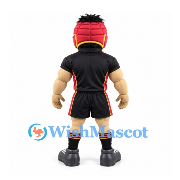 Rugby Player Mascot Costume with Red Scrum Cap and Black Uniform