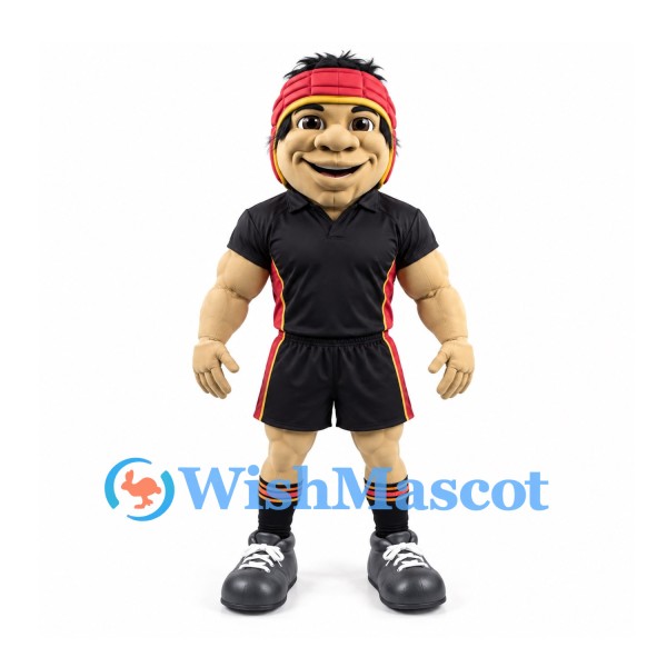 Rugby Player Mascot Costume with Red Scrum Cap and Black Uniform