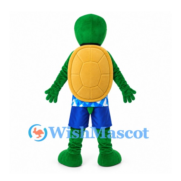 Turtle Mascot Costume in Green with Yellow Shell and Blue Sports Shorts