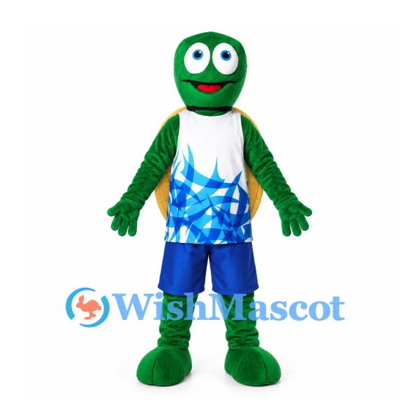 Turtle Mascot Costume in Green with Yellow Shell and Blue Sports Shorts