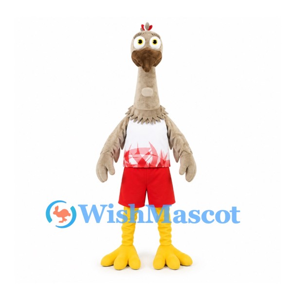 Ostrich Mascot Costume in Beige with Red and White Sports Uniform