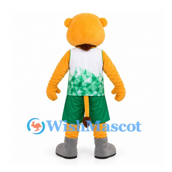 Lion Mascot Costume in Gold with Green and White Sports Uniform