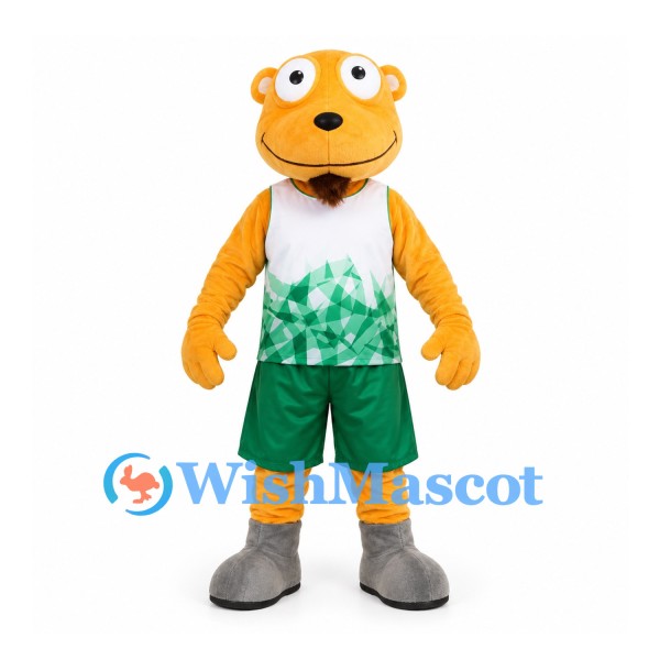 Lion Mascot Costume in Gold with Green and White Sports Uniform