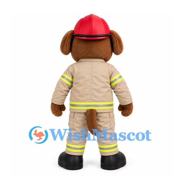 Firefighter Dog Mascot Costume with Red Helmet and Beige Uniform