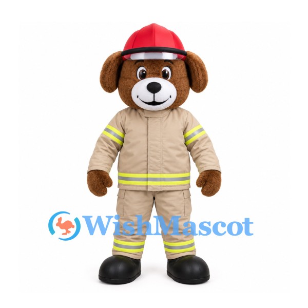 Firefighter Dog Mascot Costume with Red Helmet and Beige Uniform