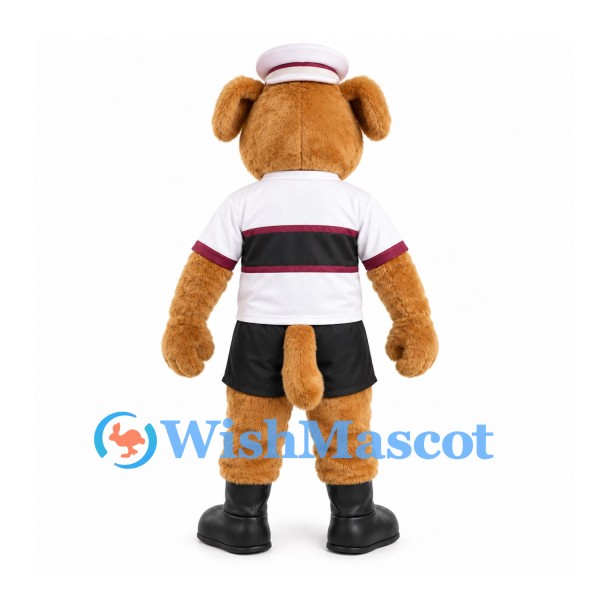 Dog Mascot Costume in Tan with White Cap and Striped Sports Shirt