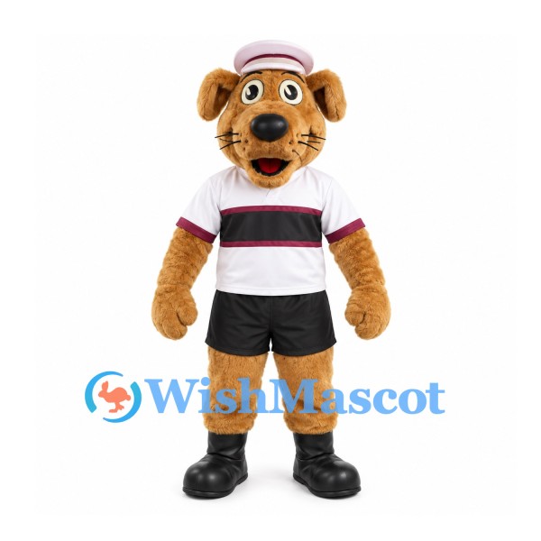 Dog Mascot Costume in Tan with White Cap and Striped Sports Shirt