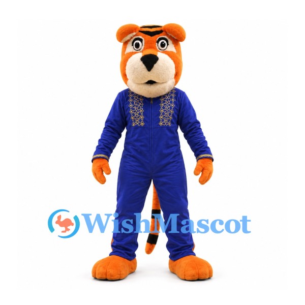 Tiger Mascot Costume with Blue Embroidered Outfit