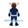 Moose Mascot Costume with Aviator Helmet and Navy Hockey Uniform