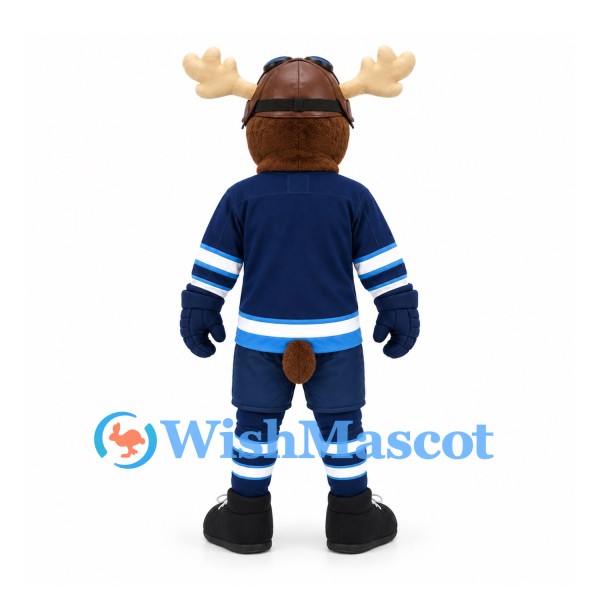Moose Mascot Costume with Aviator Helmet and Navy Hockey Uniform