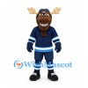 Moose Mascot Costume with Aviator Helmet and Navy Hockey Uniform