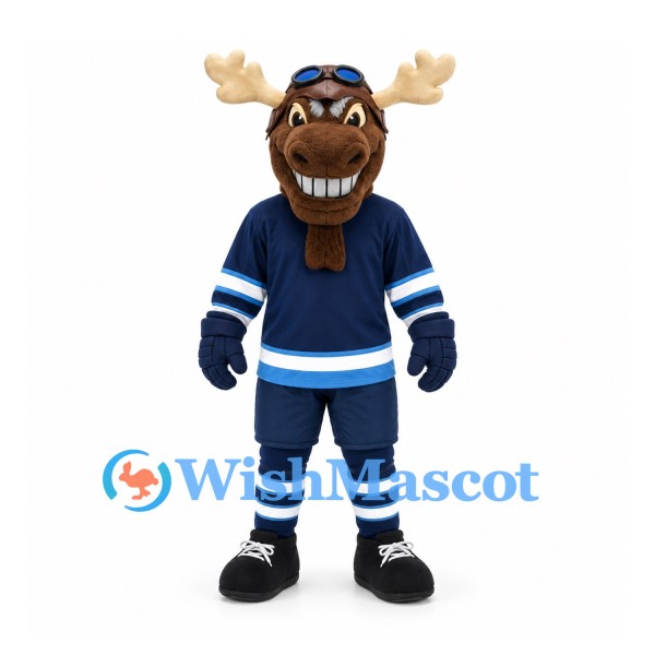Moose Mascot Costume with Aviator Helmet and Navy Hockey Uniform