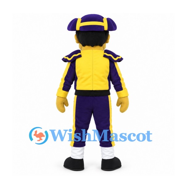 Royal Guard Mascot Costume with Purple Hat and Yellow Jacket