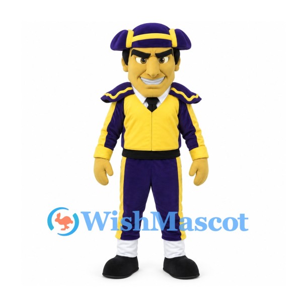 Royal Guard Mascot Costume with Purple Hat and Yellow Jacket