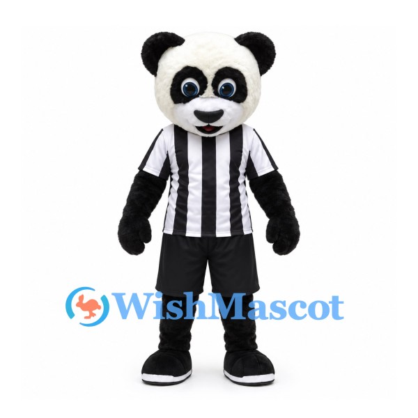 Panda Mascot Costume with Black and White Striped Referee Shirt