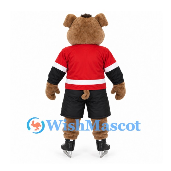 Bull Mascot Costume in Brown with Red Hockey Shirt and Ice Skates