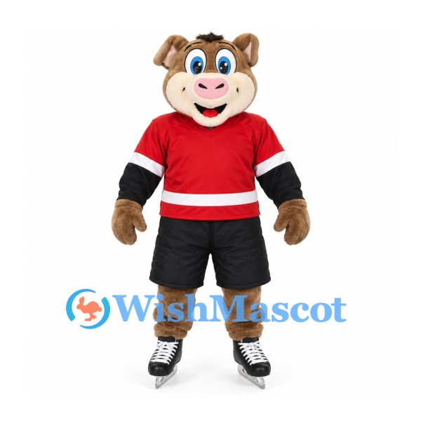 Bull Mascot Costume in Brown with Red Hockey Shirt and Ice Skates