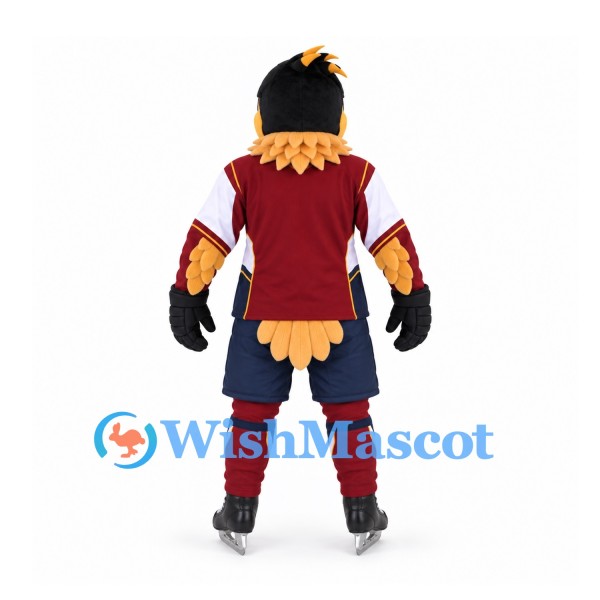 Eagle Mascot Costume with Burgundy Hockey Uniform and Ice Skates