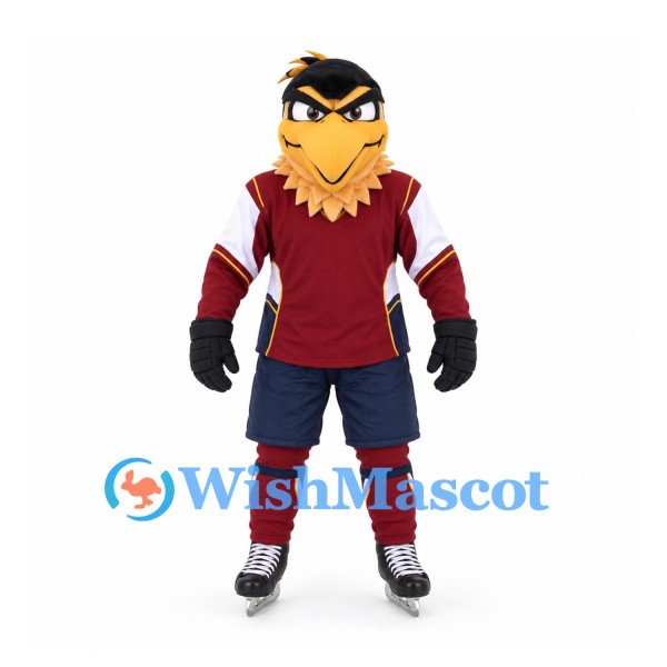 Eagle Mascot Costume with Burgundy Hockey Uniform and Ice Skates