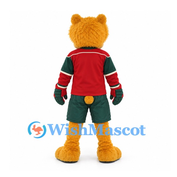 Bear Mascot Costume in Gold with Red and Green Hockey Uniform