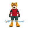 Bear Mascot Costume in Gold with Red and Green Hockey Uniform