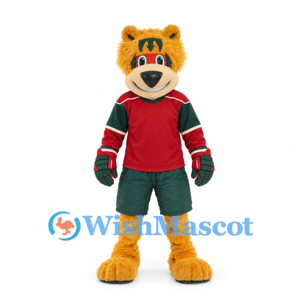 Bear Mascot Costume in Gold with Red and Green Hockey Uniform