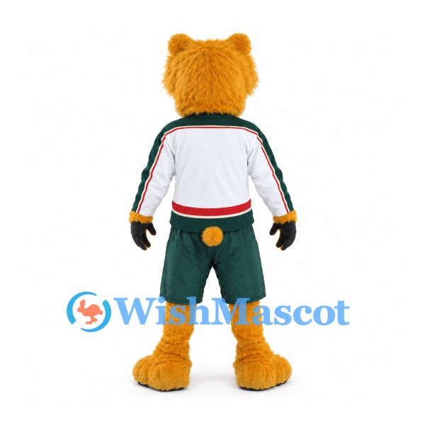 Bear Mascot Costume in Gold with White Shirt and Green Shorts