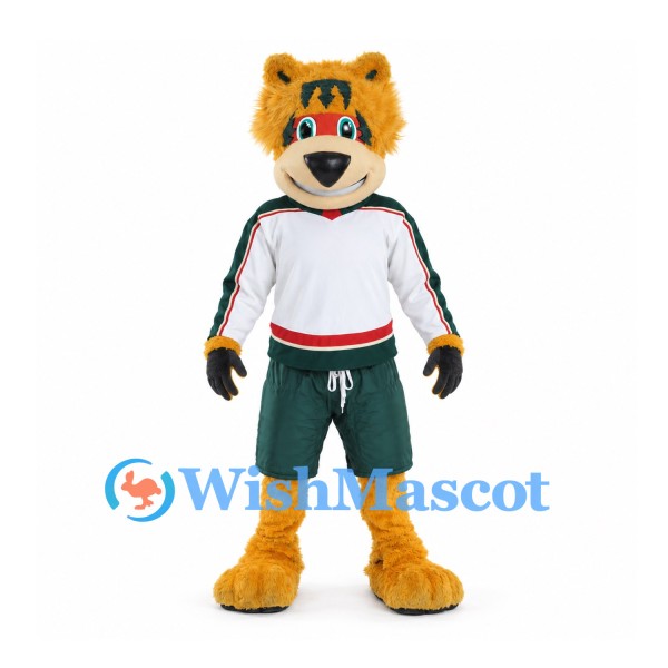 Bear Mascot Costume in Gold with White Shirt and Green Shorts