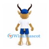 Gazelle Mascot Costume with Blue Cap and White Sports Shirt