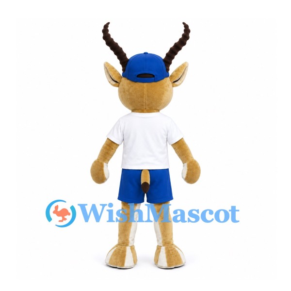 Gazelle Mascot Costume with Blue Cap and White Sports Shirt