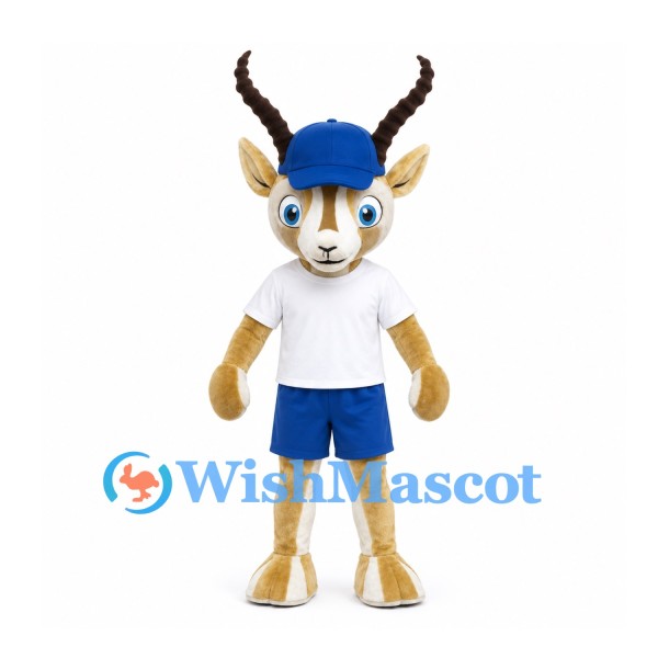 Gazelle Mascot Costume with Blue Cap and White Sports Shirt