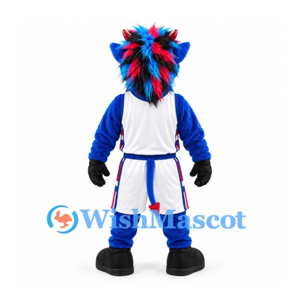 Blue Devil Mascot Costume with Multicolor Mane and White Basketball Uniform