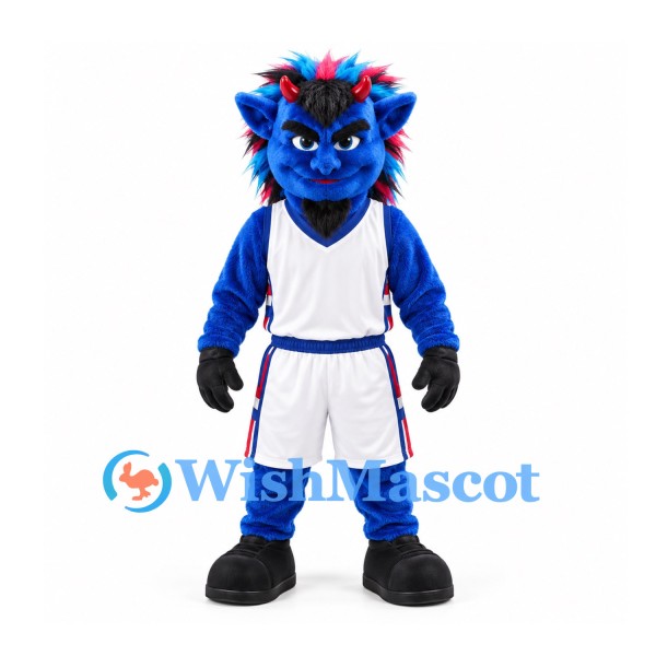 Blue Devil Mascot Costume with Multicolor Mane and White Basketball Uniform