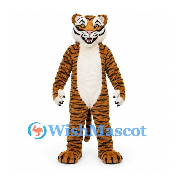 Tiger Mascot Costume with Orange Striped Fur and White Belly