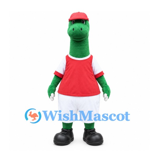 Dinosaur Mascot Costume in Green with Red Cap and White Shorts