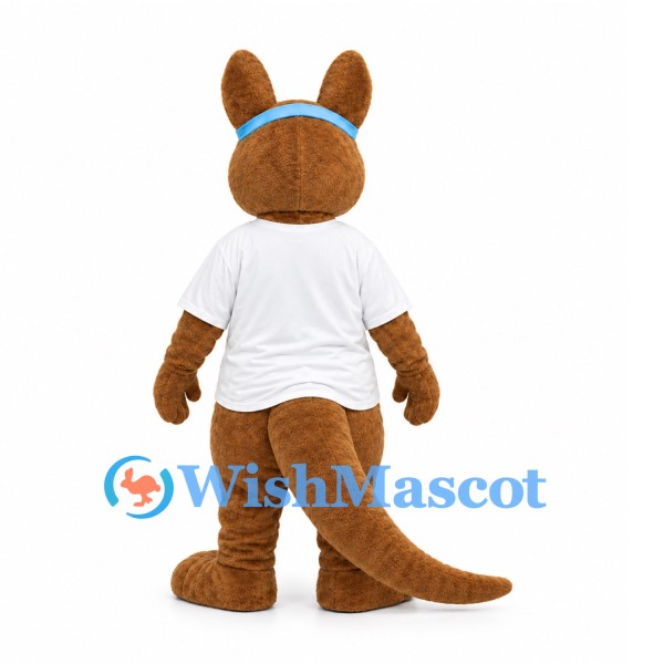 Kangaroo Mascot Costume in Brown with Blue Headband and White Shirt