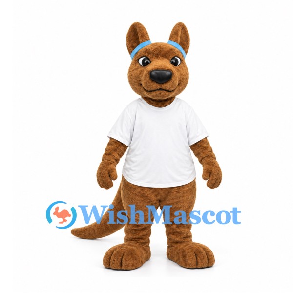 Kangaroo Mascot Costume in Brown with Blue Headband and White Shirt